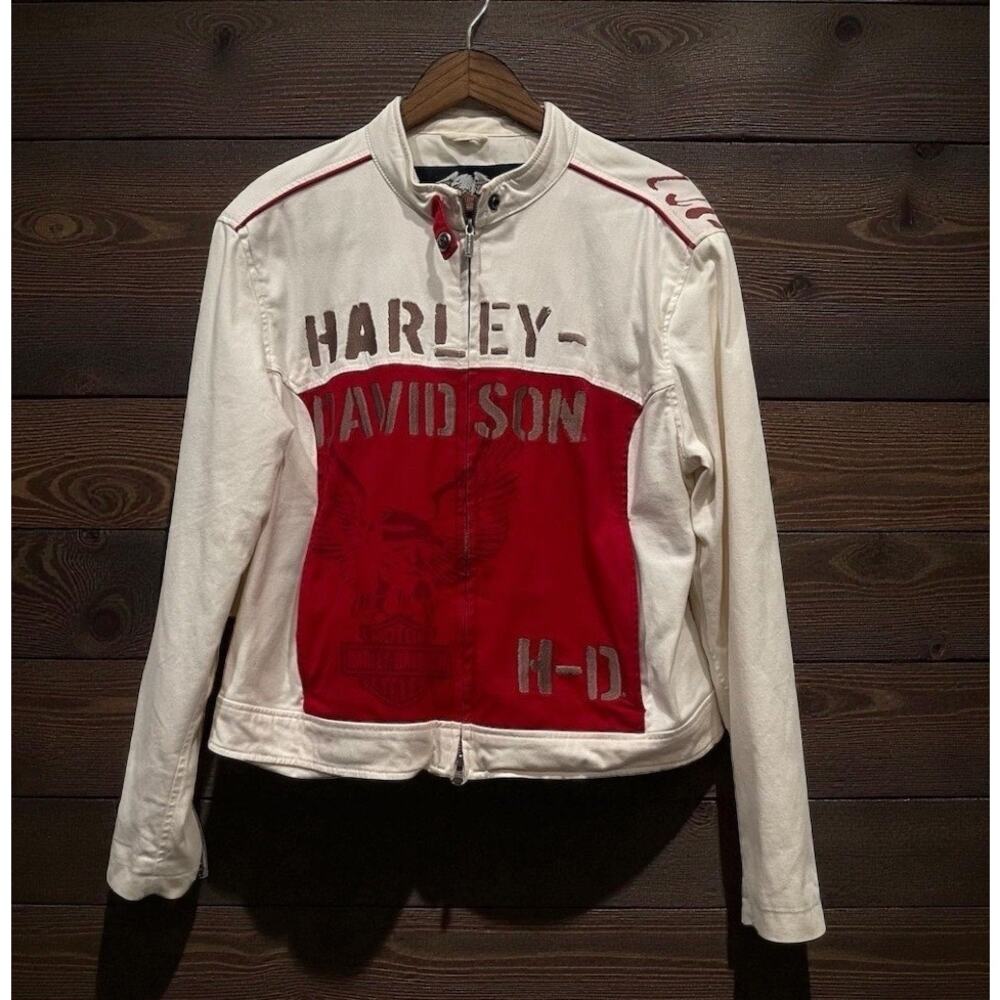 Harley-Davidson Vintage Y2K Women's White Motorcycle Jacket XL Eagle Graphic